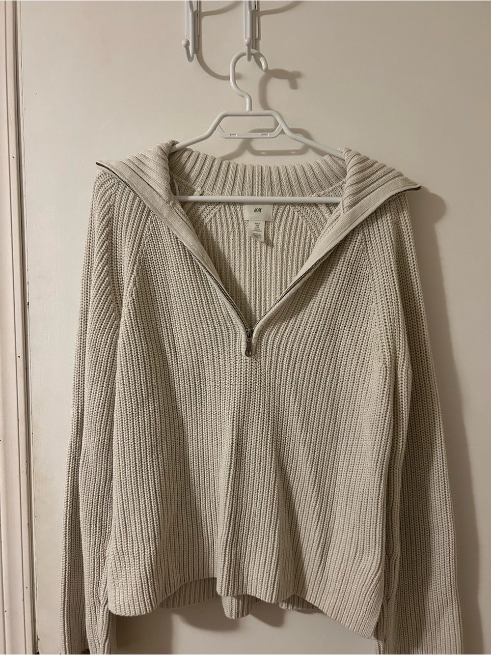 H&M Beige Ribbed Half-Zip Sweater with Folded Collar